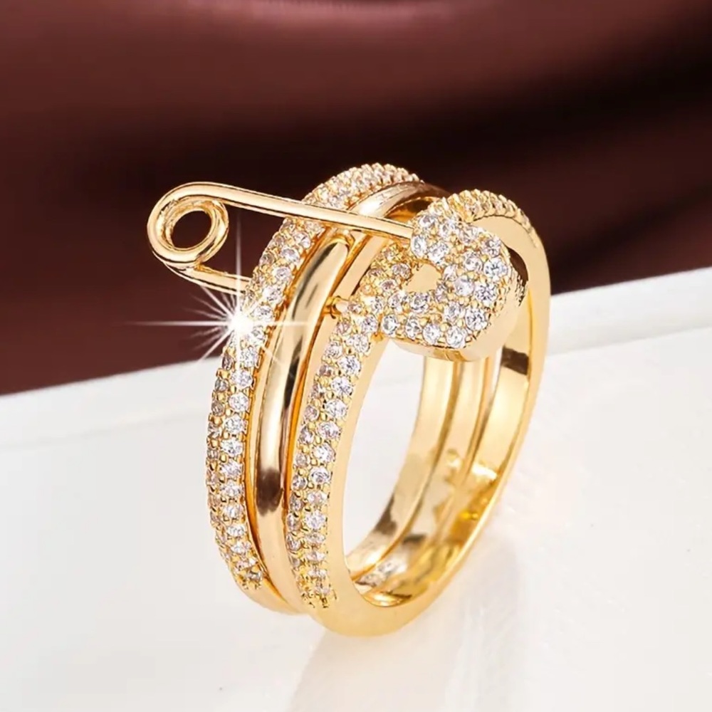 14k Gold Diamond Safety Pin Triple Stack Ring - Picture 2 of 4